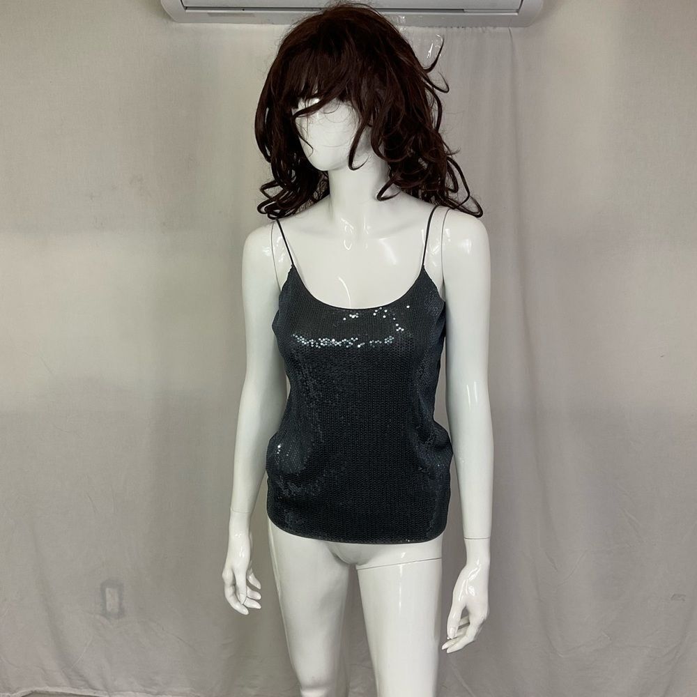 NEW Giorgio Armani Gray Black Sequin Spaghetti Strap Sheer Mesh Back Top Sz 10